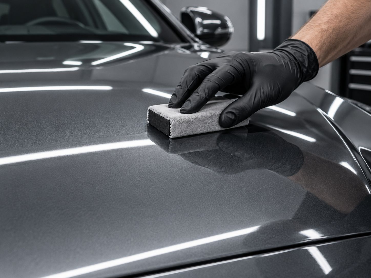 Gloved hand using an applicator pad on a car panel
