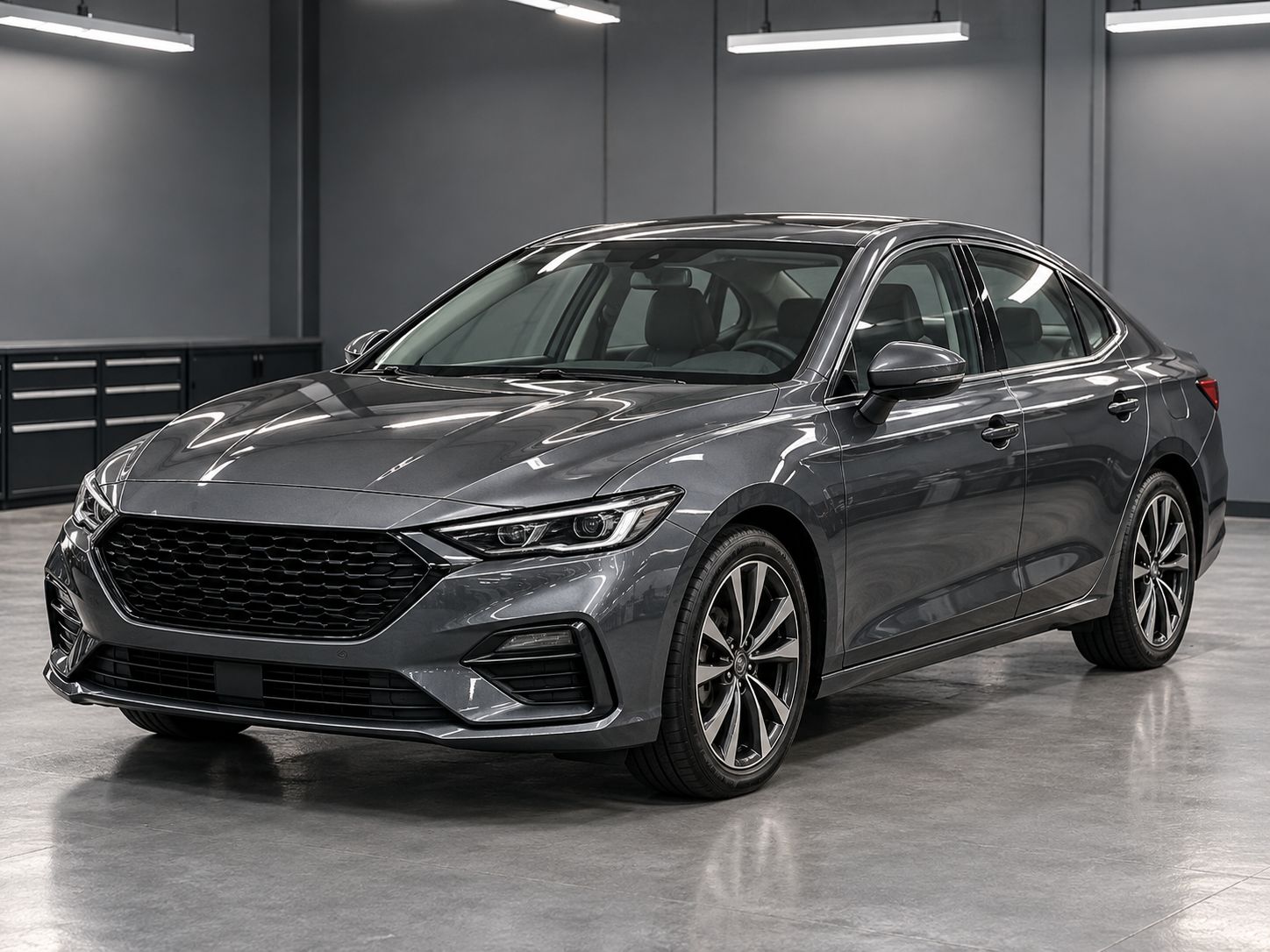 Graphite grey sedan, front three-quarter view